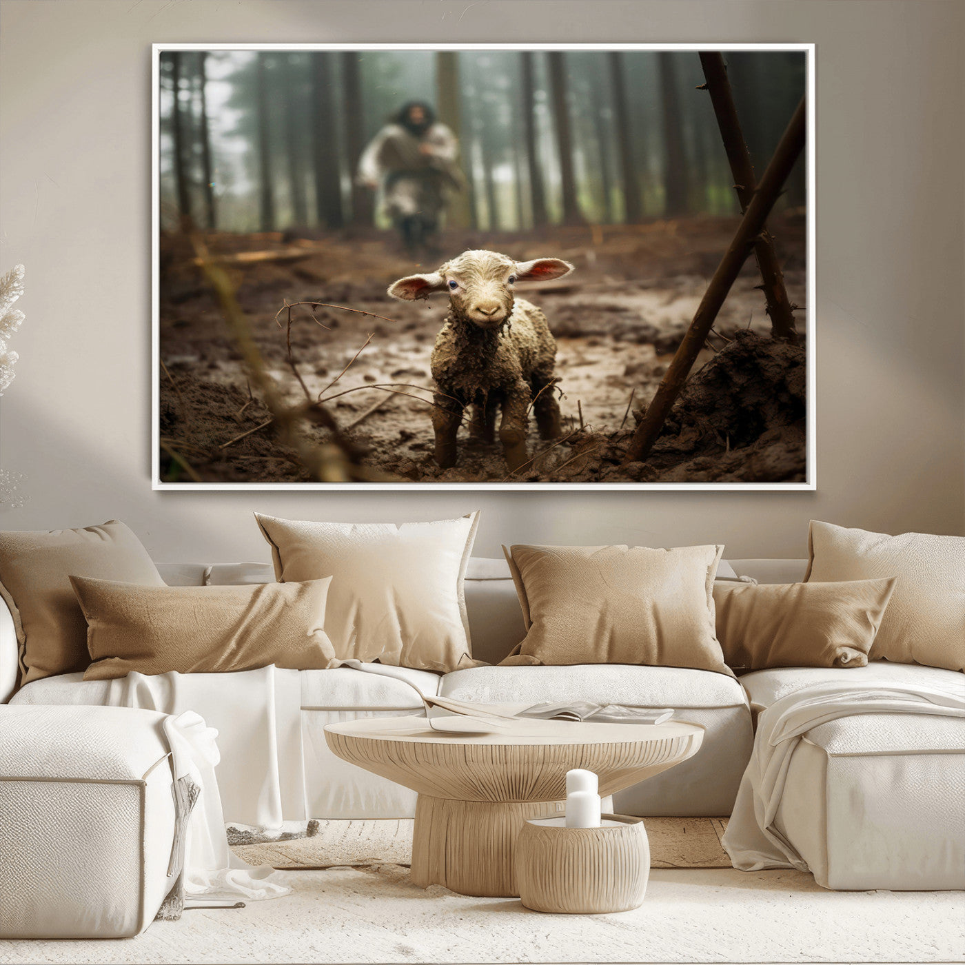 MGV-FC-36X24 - Jesus Running After a Lost Lamb Canvas Wall Art Print