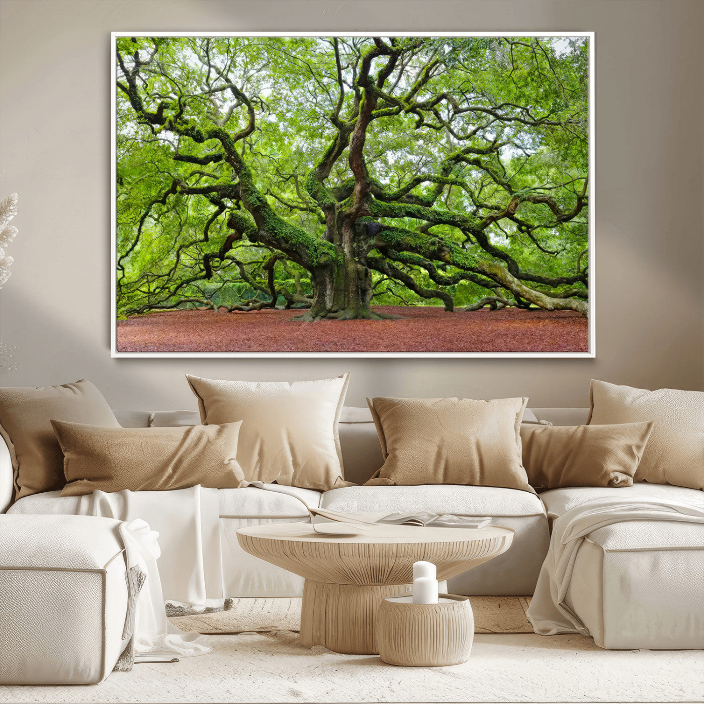 MGV-FC-36X24 - Framed Angel Oak Tree Wall Art - 3-Panel Canvas Prints, Large Green Nature Artwork, Ready to Hang