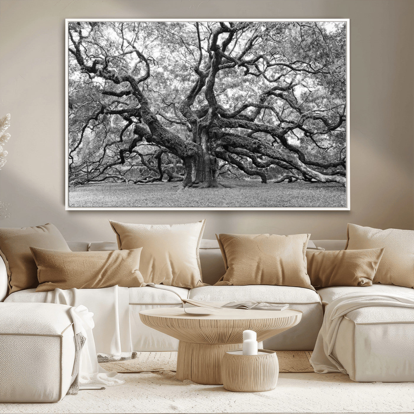 MGV-FC-36X24 - Black White Angel Oak Tree Wall Art - Timeless Nature-Inspired Canvas for Rustic, Modern, or