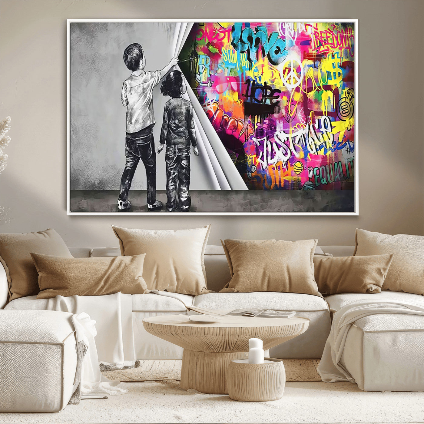 MGV-FC-36X24 - Banksy Print - Street Art Canvas Wall Art - Kids Revealing Graffiti, Urban Modern Decor for Living