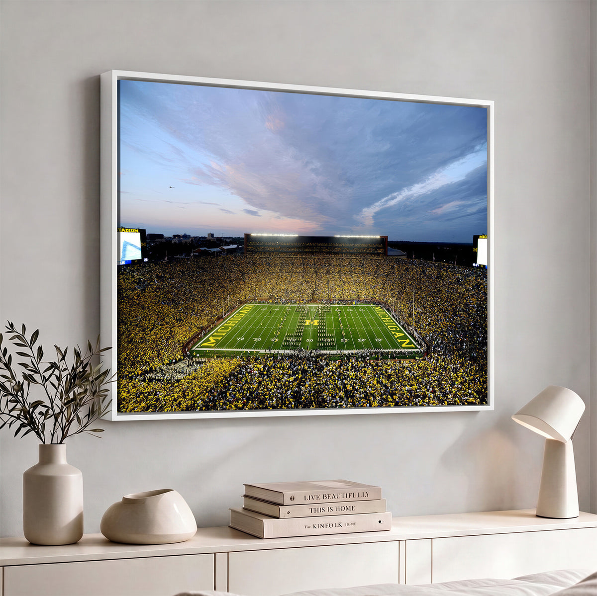 82641-MGV-CV-36X24 - Michigan Stadium Wall Art Canvas Print – Framed Football Field Scene with Marching Band Artwork for Home, Office