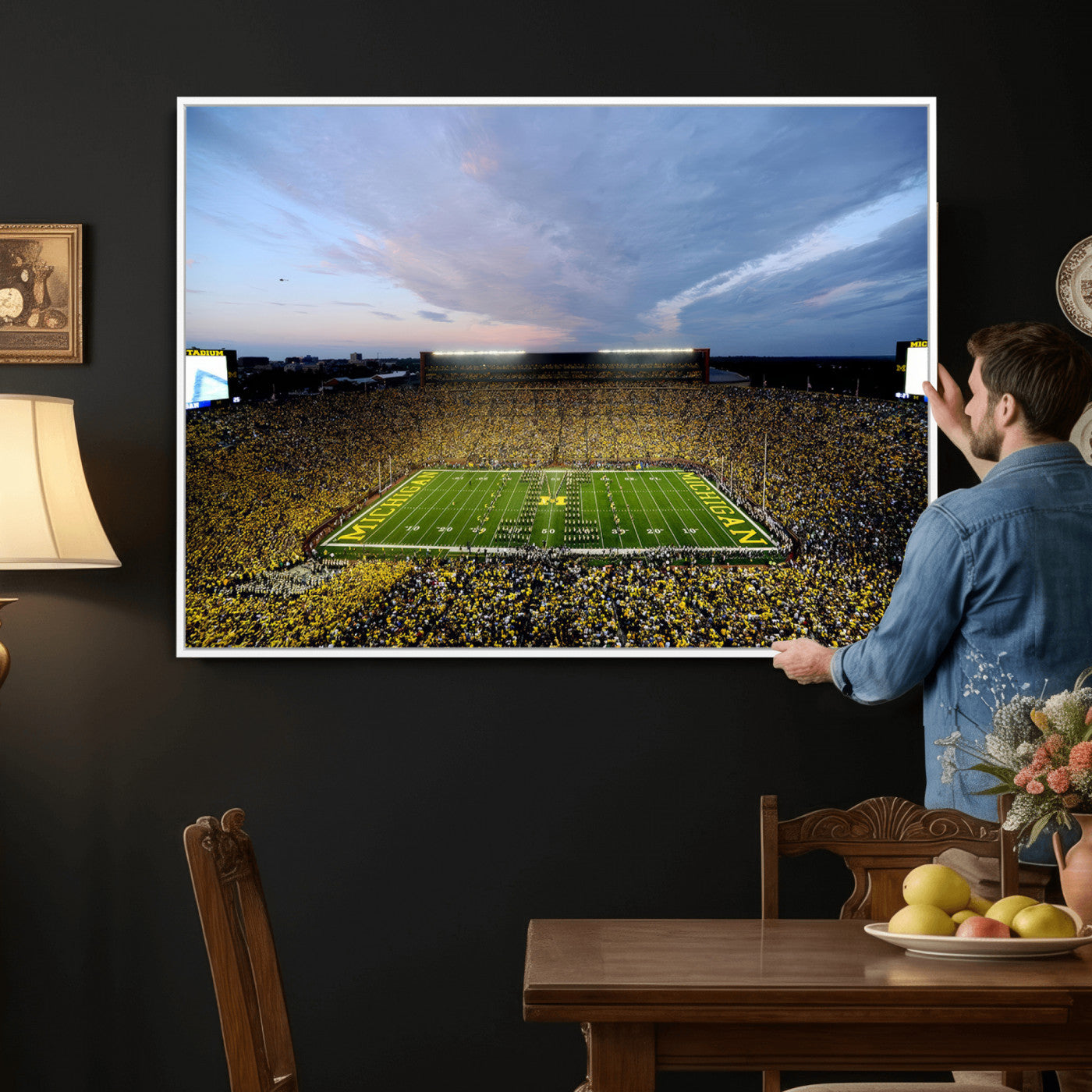 82641-MGV-CV-36X24 - Michigan Stadium Wall Art Canvas Print, Vibrant Game Day Crowd and Sunset Sky Football Field Artwork for Home, Office