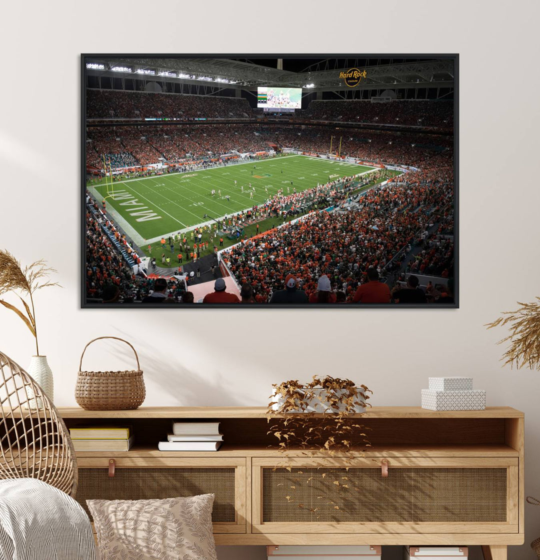 Aerial view of a Miami Hurricanes game at Hard Rock Stadium captured on canvas print, showcasing the teams on the field and fans in the stands.