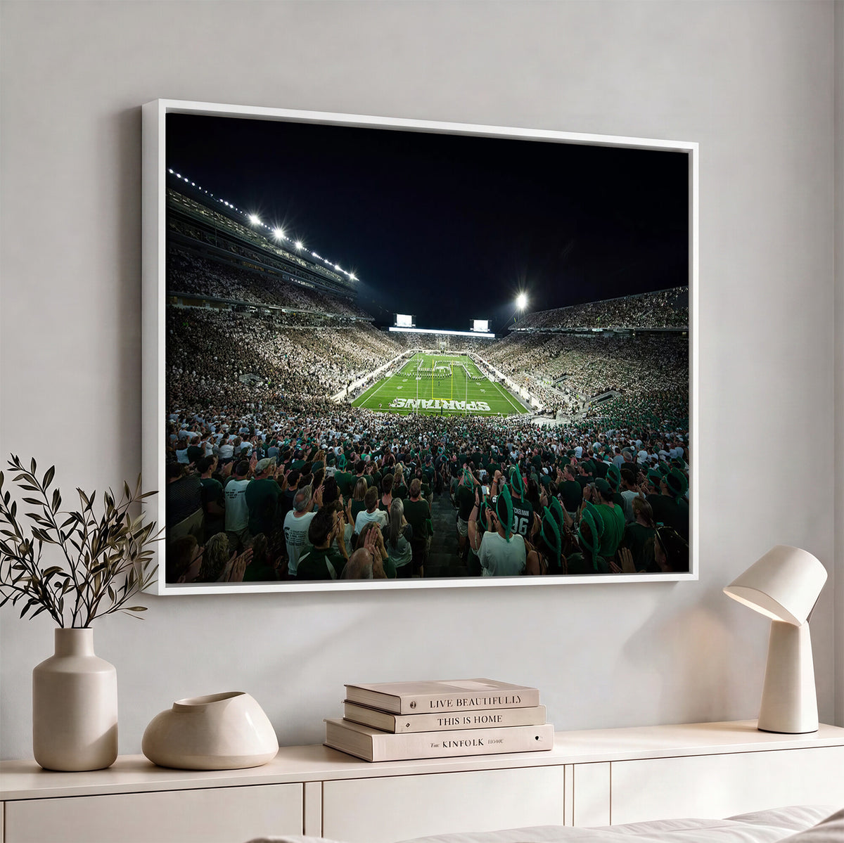 57523-PAN-FL-20X10 - Framed Michigan State Spartans Football Team Print - East Lansing Spartan Stadium Wall Art Canvas