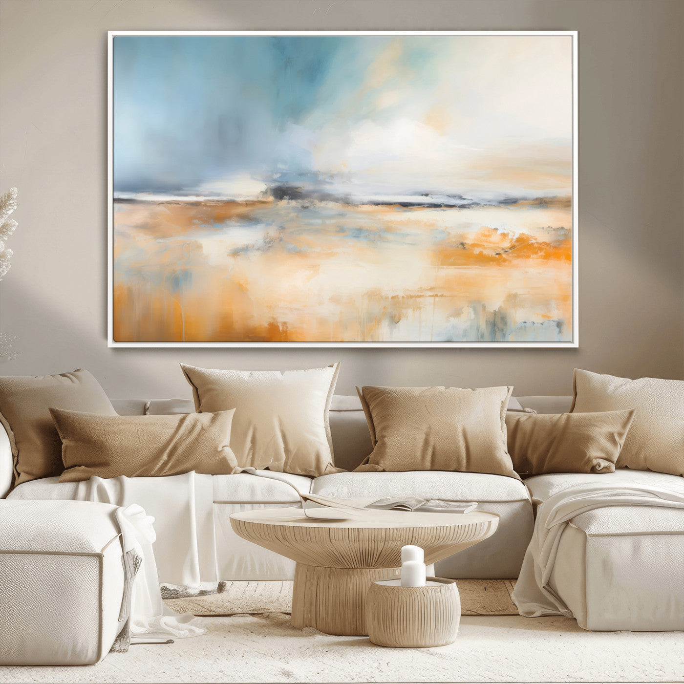-Abstract Landscape Wall Art Canvas Print - Warm Tones of Orange and Blue, Modern Framed Art for Home