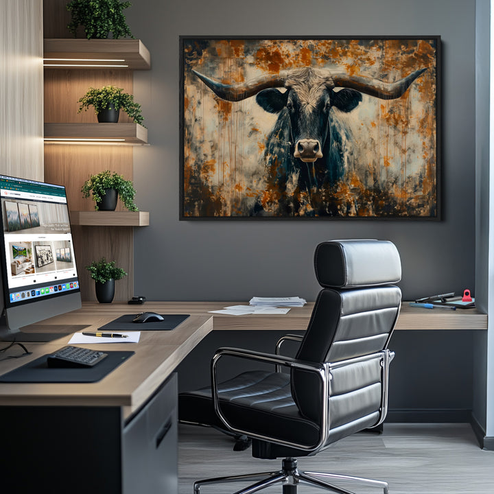 Abstract Longhorn Bull Wall Art | Rustic Western Wall Decor | Framed and Ready to Hang | Ideal for Farmhouse, Lodge, and Barn Decor
