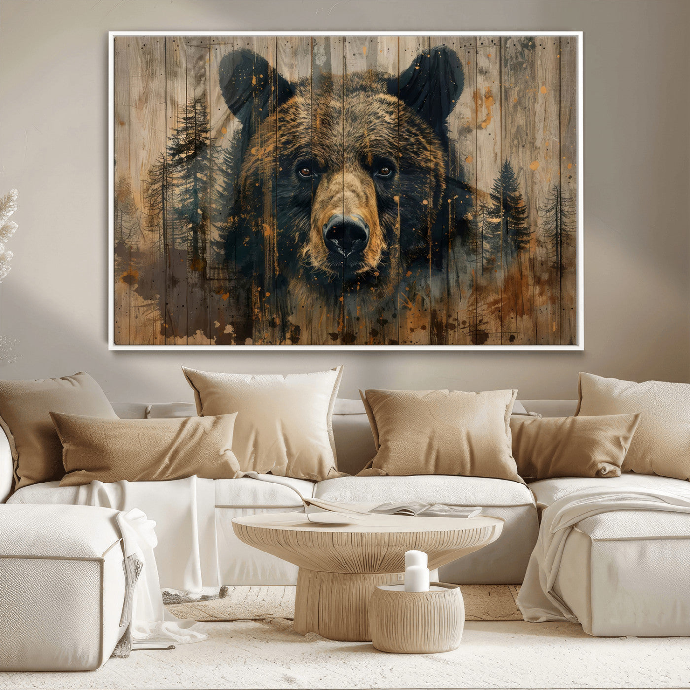 MGV-FC-36X24 - Abstract 399 Bear Wall Art | Rustic Cabin Wall Decor with Forest Design | Framed and Ready to Hang |