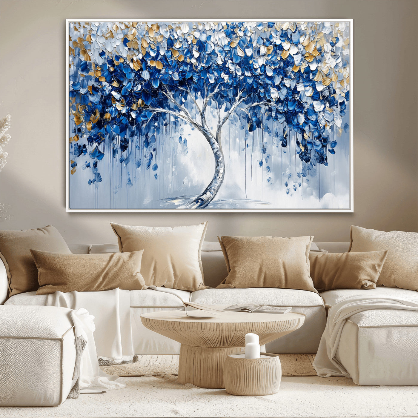 MGV-FC-36X24 - Blue and Gold Abstract Tree Wall Art Canvas Print | Modern Tree of Life Painting | Framed Canvas