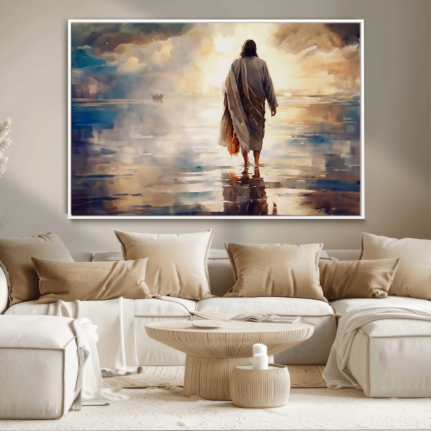 MGV-FC-36X24 - Jesus Walking on Water Wall Art | Ready to Hang Spiritual Triptych Canvas Print | Inspirational