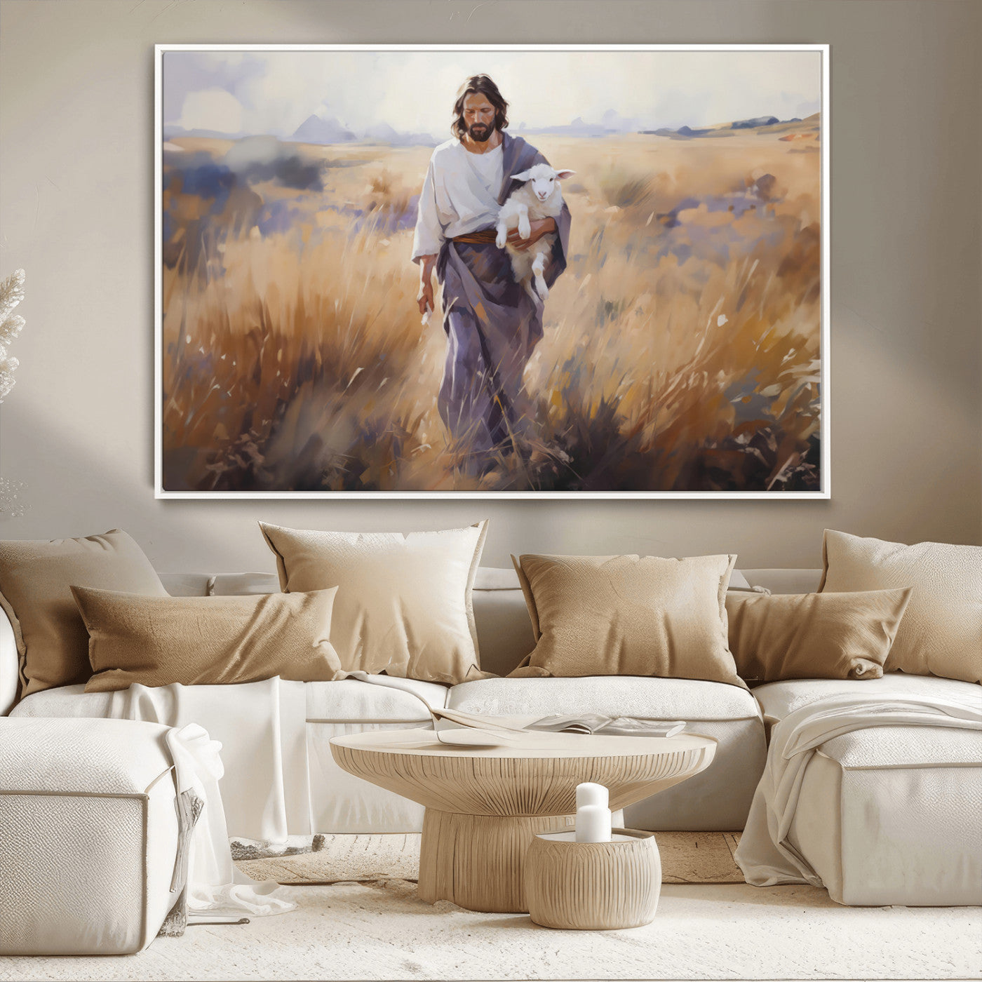 MGV-FC-36X24 - Jesus the Good Shepherd Wall Art Canvas Print - Lost Lamb Print for Prayer Room Decor