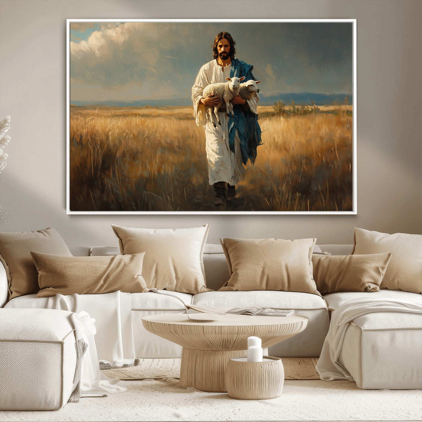 MGV-FC-36X24 - Jesus Shepherd Wall Art | Ready to Hang Triptych Canvas of Jesus Holding a Lamb in a Field |