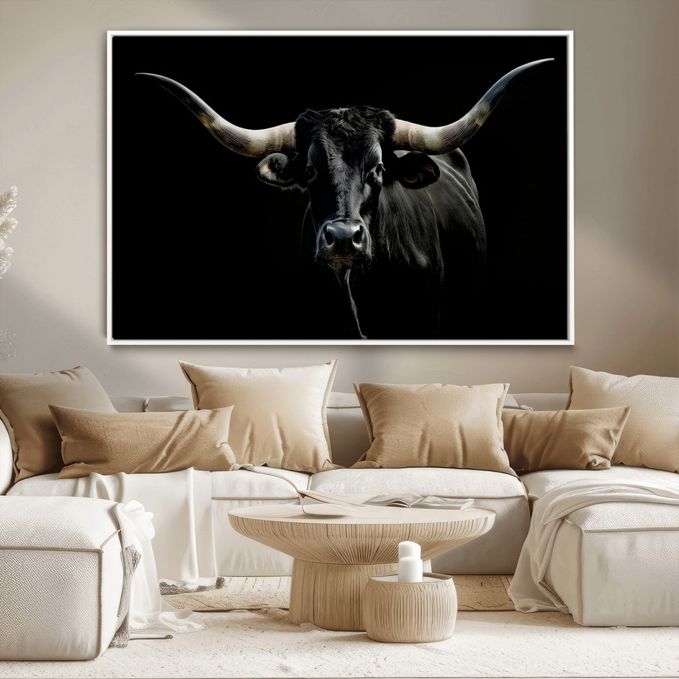MGV-FC-36X24 - Texas Black Longhorn Bull Wall Art Canvas Print - Western Texas Cattle Rustic Decor Print - Longhorn