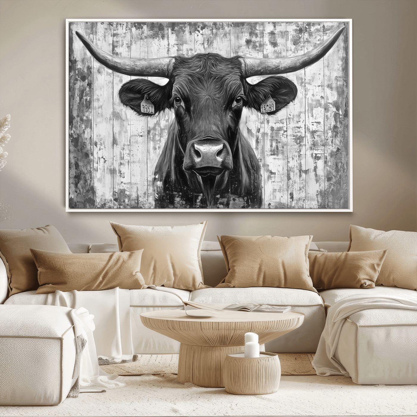MGV-FC-36X24 - Abstract Longhorn Bull Wall Art Canvas Print - Rustic Texas Western Cow Artwork