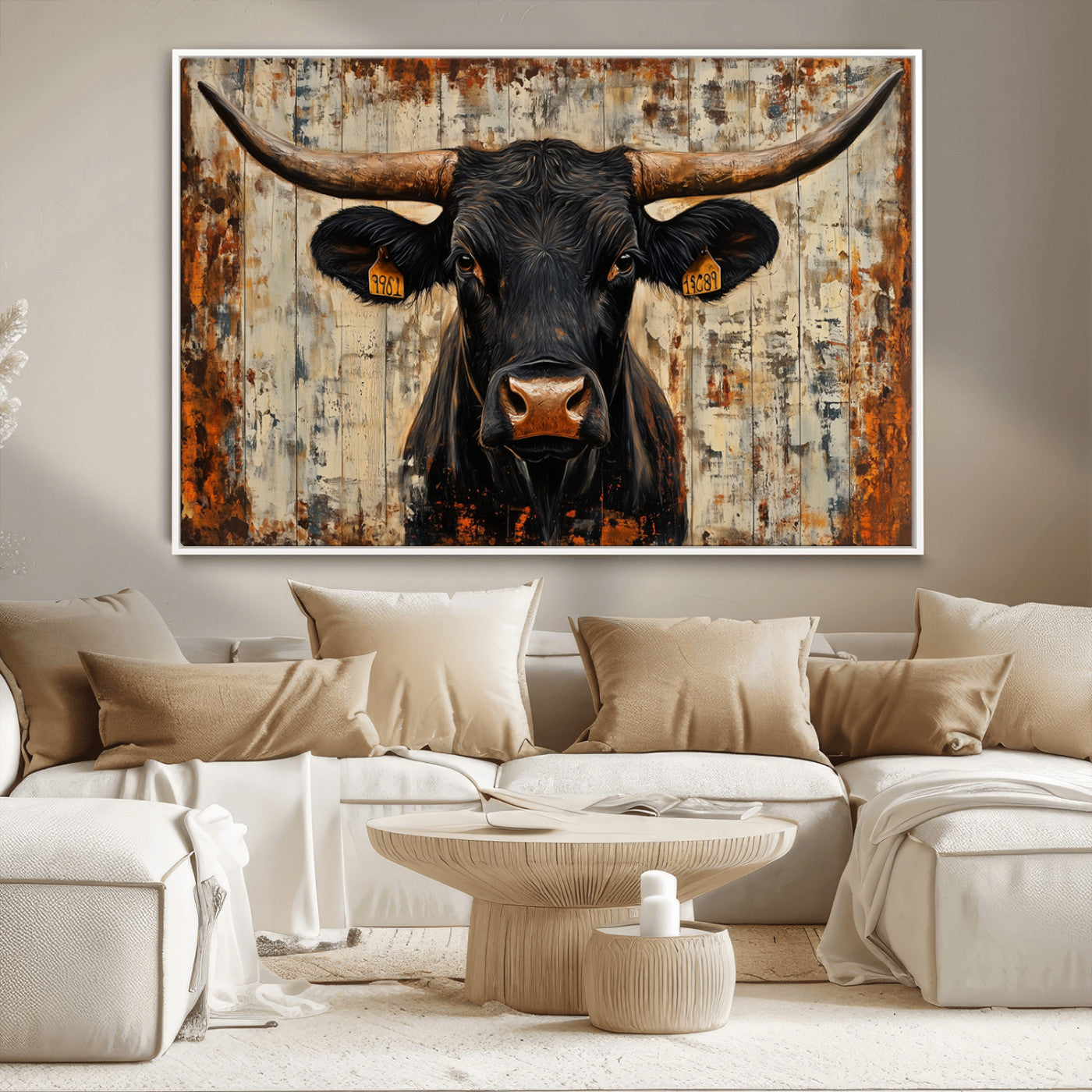MGV-FC-36X24 - Rustic Texas Artwork Wall Art Canvas Print - Abstract Cow Longhorn Bull Wall Art Canvas Print