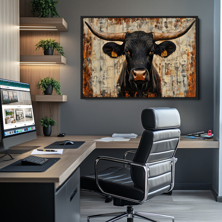 Rustic Texas Artwork Wall Art Canvas Print - Abstract Cow Longhorn Bull Wall Art Canvas Print
