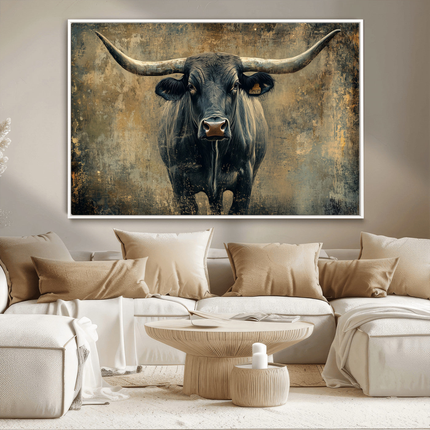 MGV-FC-36X24 - Longhorn Bull Wall Art Canvas Print, Framed Rustic Cow Art Picture Print, Texas Longhorn Perfect Western Decor Artwork