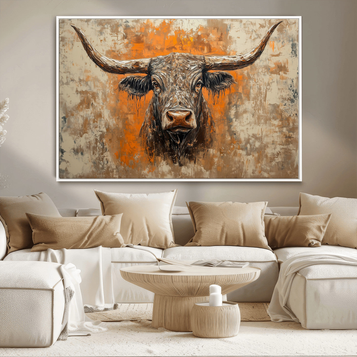 MGV-FC-36X24 - Abstract Cow Longhorn Bull Wall Art Canvas Print - Rustic Texas Western Cattle Artwork