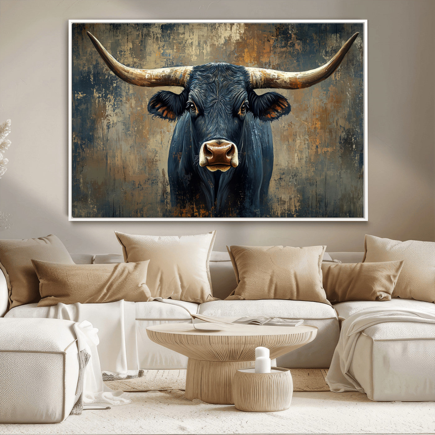 MGV-FC-36X24 - Texas Western Wall Art Canvas Print - Abstract Cow Longhorn Bull Wall Art Canvas Print - Rustic Cow