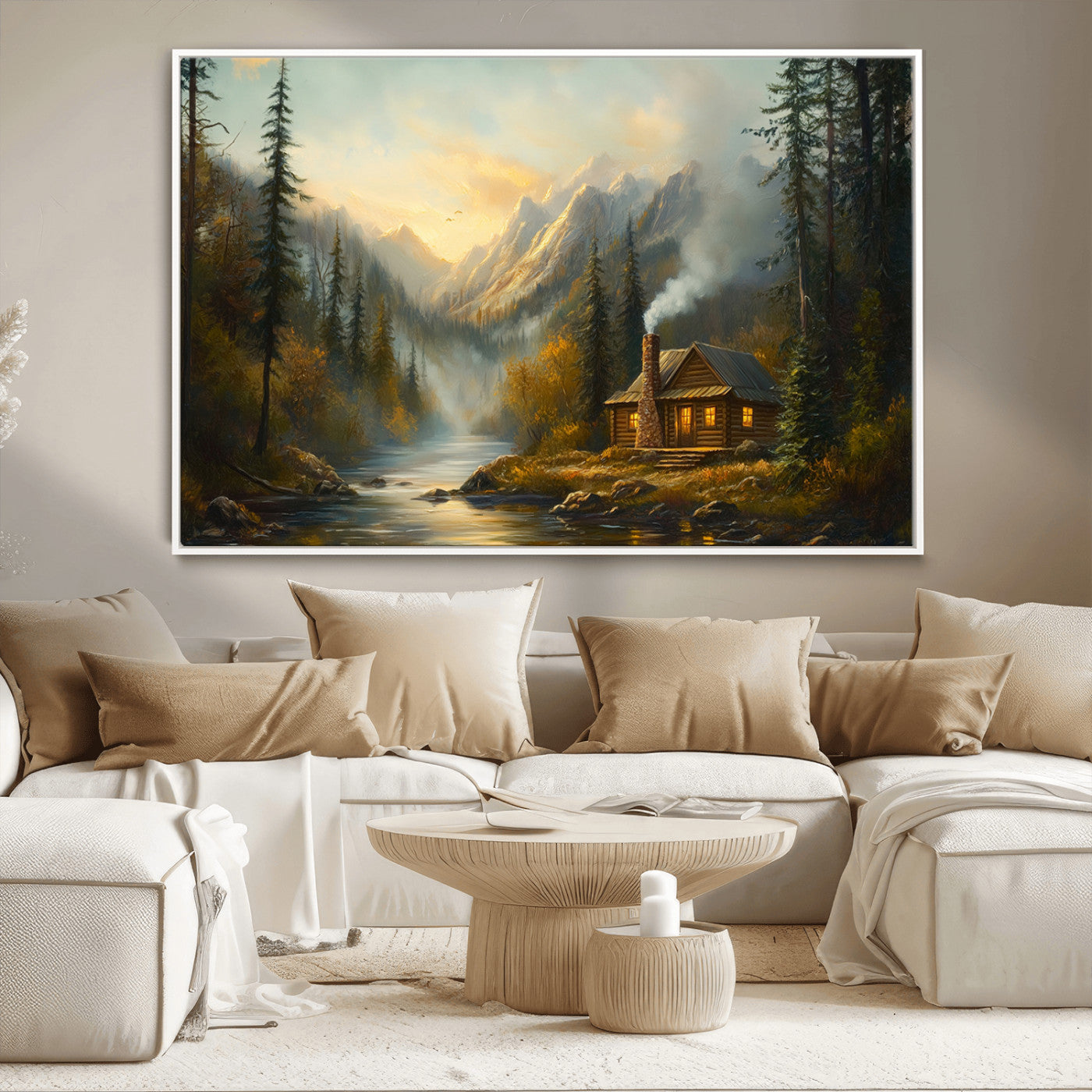 MGV-FC-36X24 - Wood Cabin Retreat Mountain at Sunset Wall Art Print - Serene Forest and River Landscape Wall Art