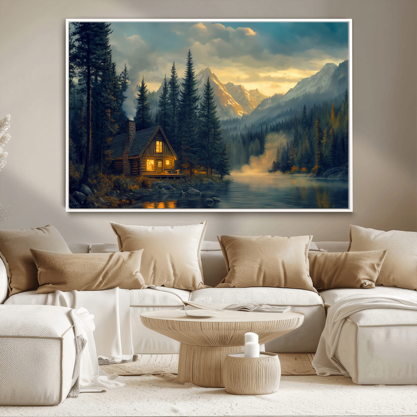 MGV-FC-36X24 - Mountain Cabin by the Lake at Sunset Wall Art - Serene Nature Canvas Print for Living Room Decor,
