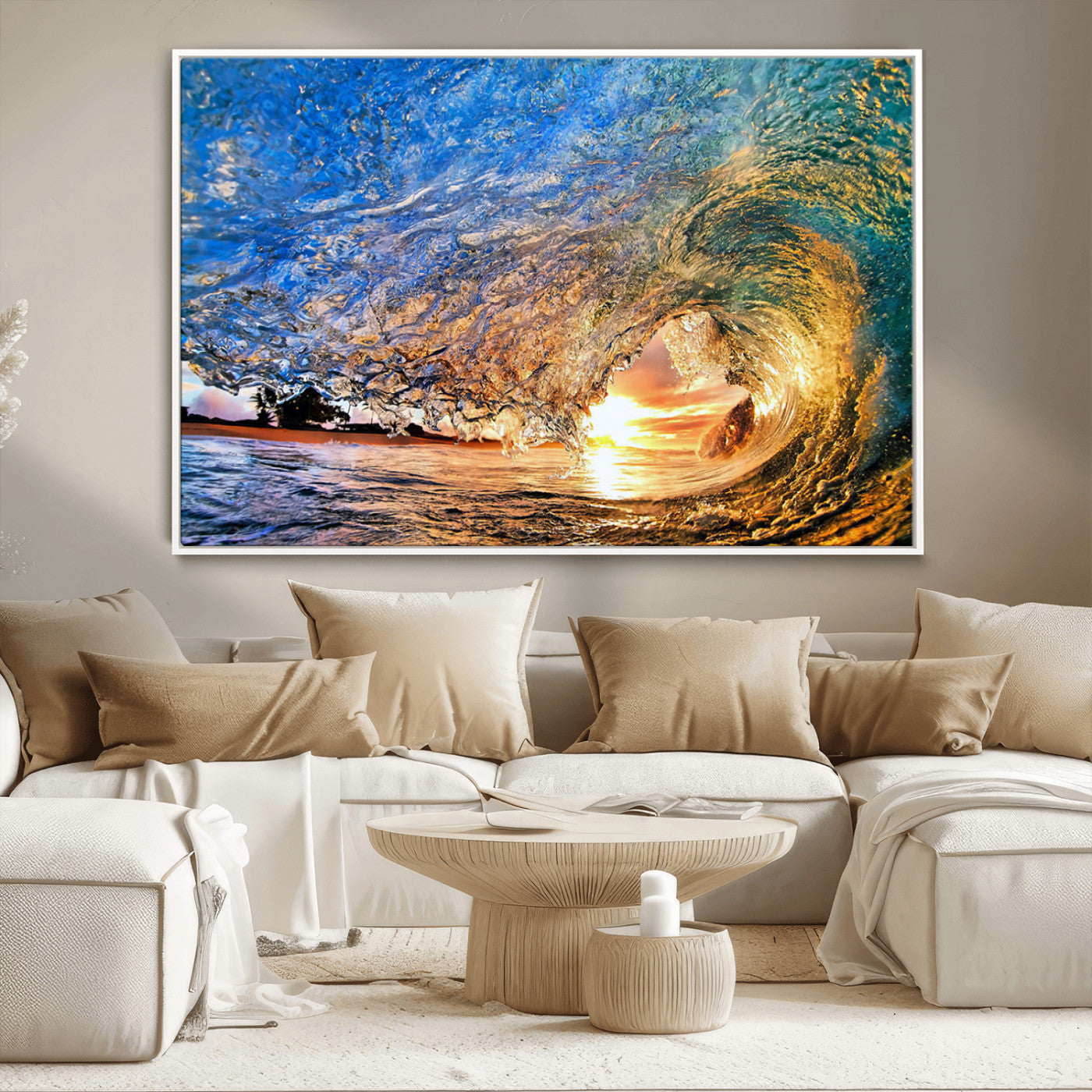MGV-FC-36X24 - Ocean Wave at Sunset Canvas Wall Art – Vibrant Coastal Beach Waves Print, Large Nautical Decor,