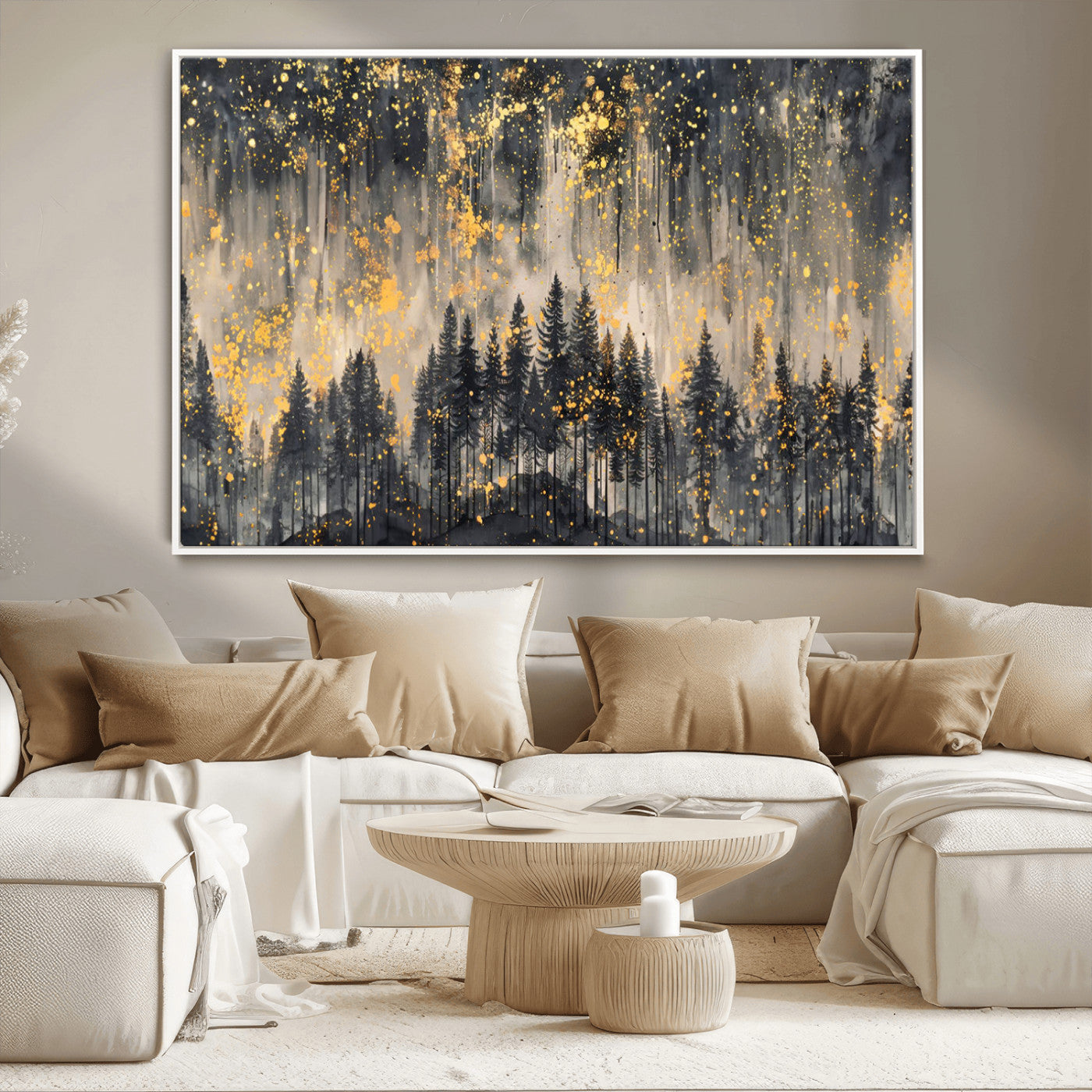 MGV-FC-36X24 - Golden Forest Abstract Wall Art | Dark Forest with Gold Splatter Accents | Triptych Ready to Hang