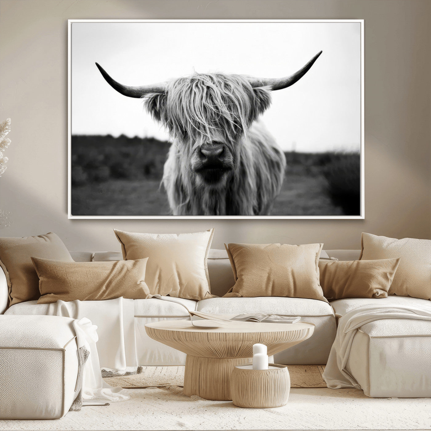 MGV-FC-36X24 - Highland Cow Wall Art | Black and White Farmhouse Decor | Triptych Canvas Print | Rustic Barn Decor