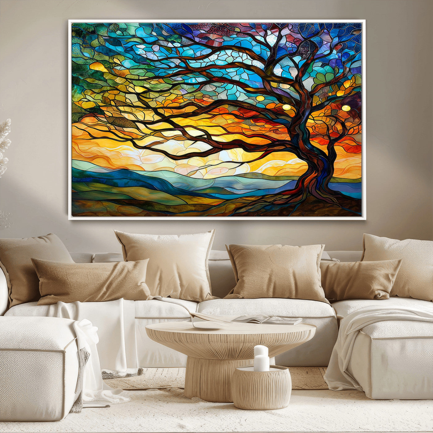 MGV-FC-36X24 - Vibrant Mosaic Tree of Life Wall Art | Stained Glass Style Canvas Print | Ready to Hang Artistic