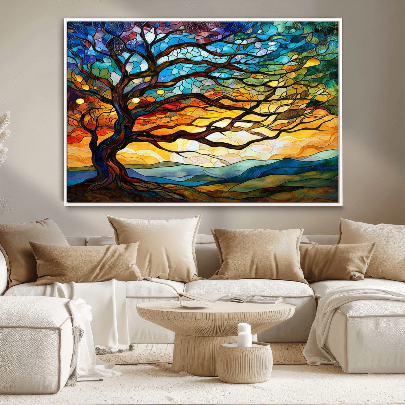 MGV-FC-36X24 - Mosaic Tree Wall Art | Ready to Hang Stained Glass Style Canvas Print | Farmhouse Wall Decor, Cabin