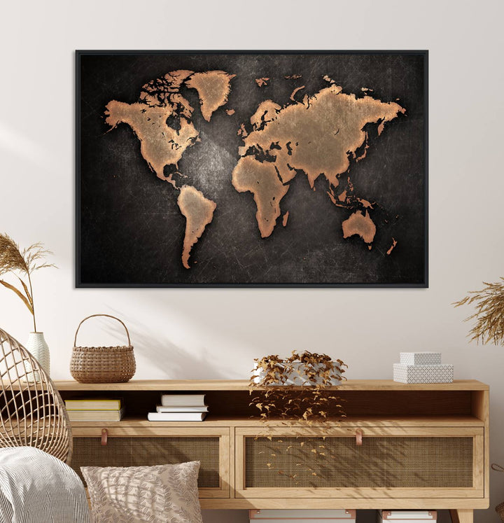 Maroon World Map Wall Art: Copper continents on a grunge-stained canvas, ideal for enhancing your decor.