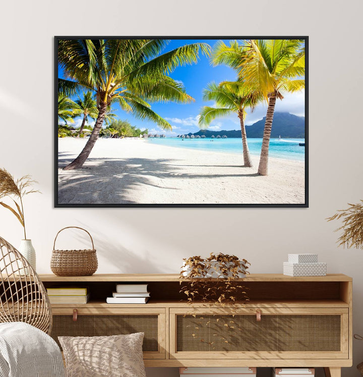 Blue Beach and Sea Wall Art Canvas Print: showcases a tropical scene with palm trees, white sand, and turquoise water.