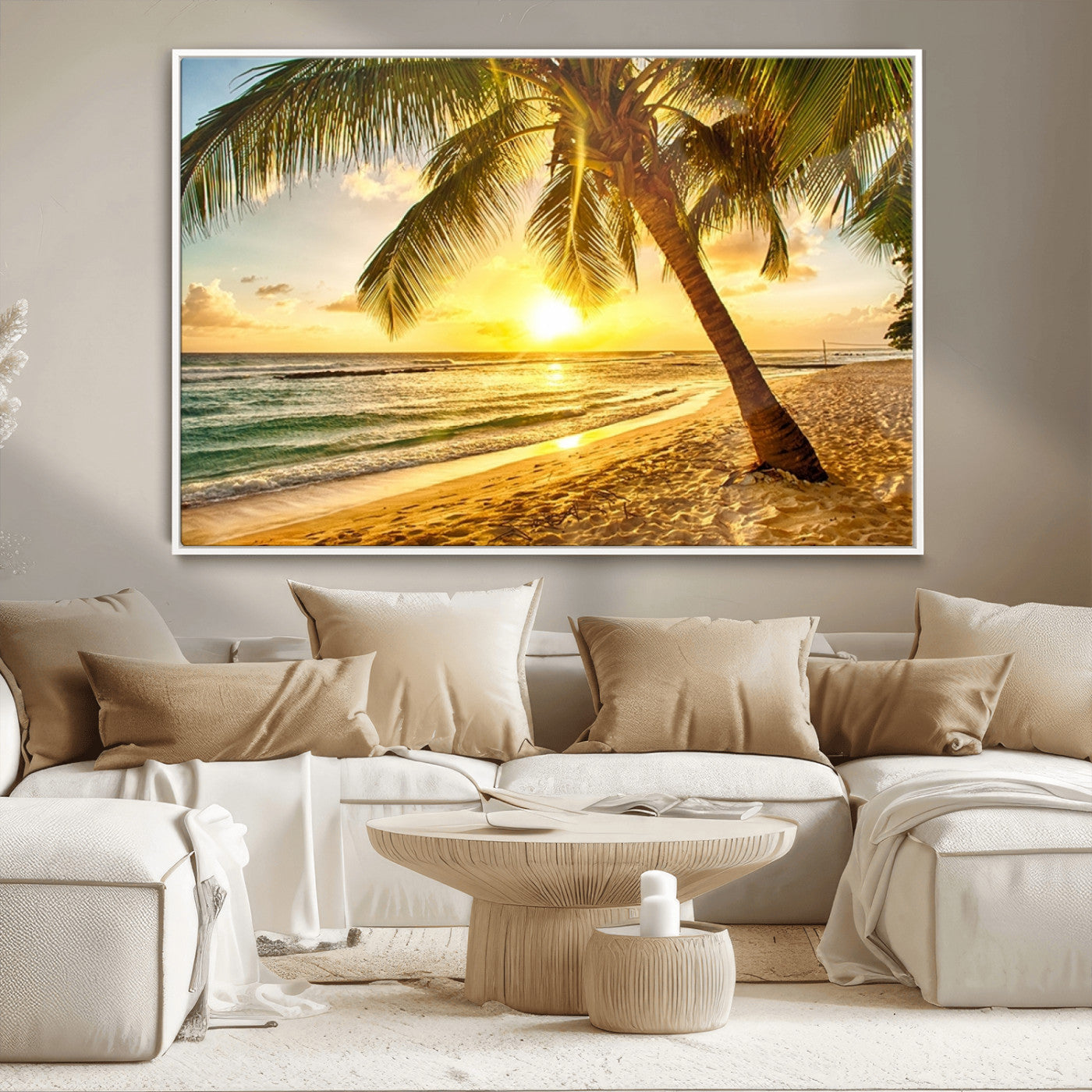 MGV-FC-36X24 - Beach Sunset Canvas Wall Art Print - Tropical Beach Canvas Wall Art Print – Vibrant Palm Trees and