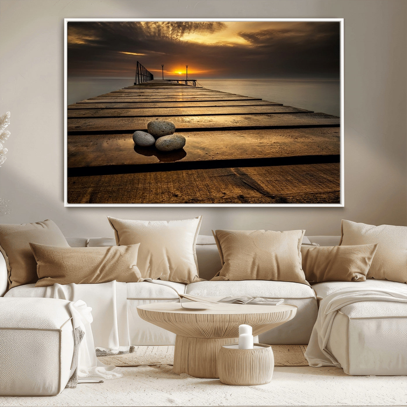 MGV-FC-36X24 - Stones on Wooden Pier at Sunset Canvas Print, Serene Coastal Wall Art, Beach Sunset Photography,