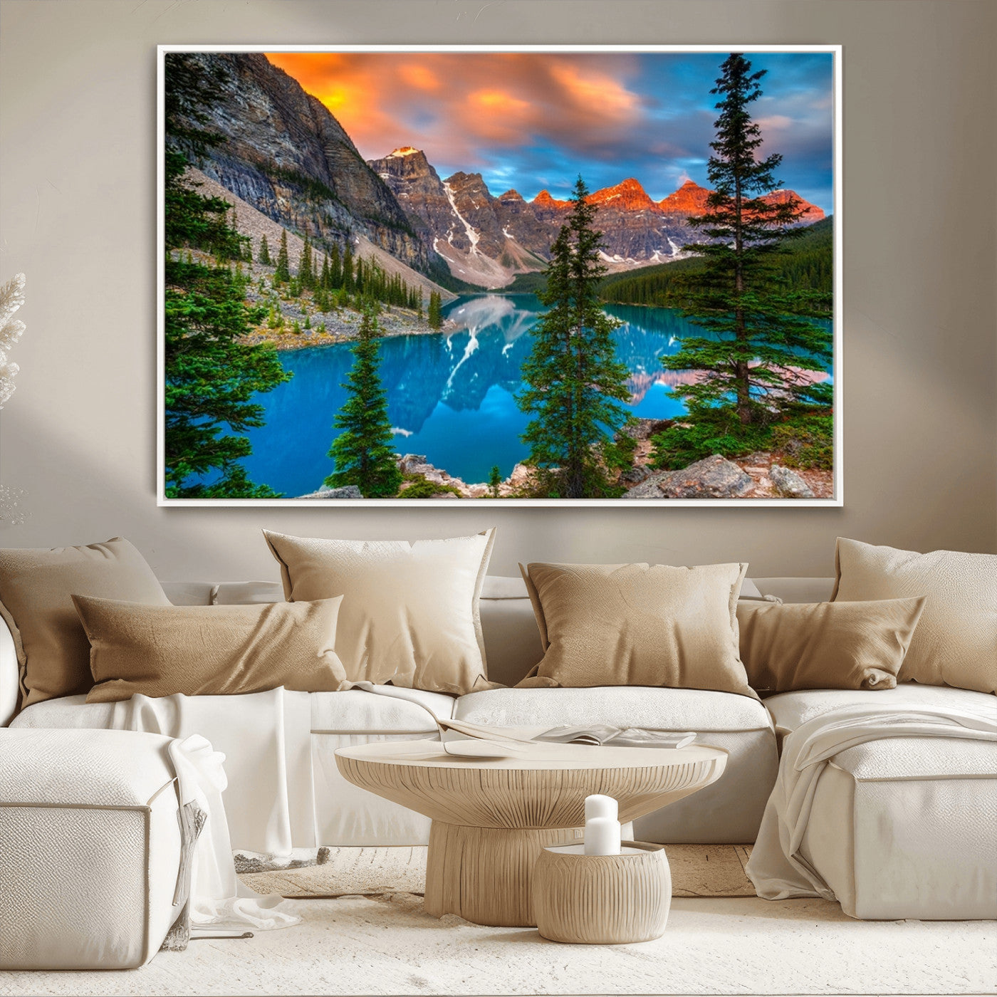 MGV-FC-36X24 - Canadian Rockies Moraine Lake Wall Art Canvas Print, Pine Trees Mountain Spring Canvas Print