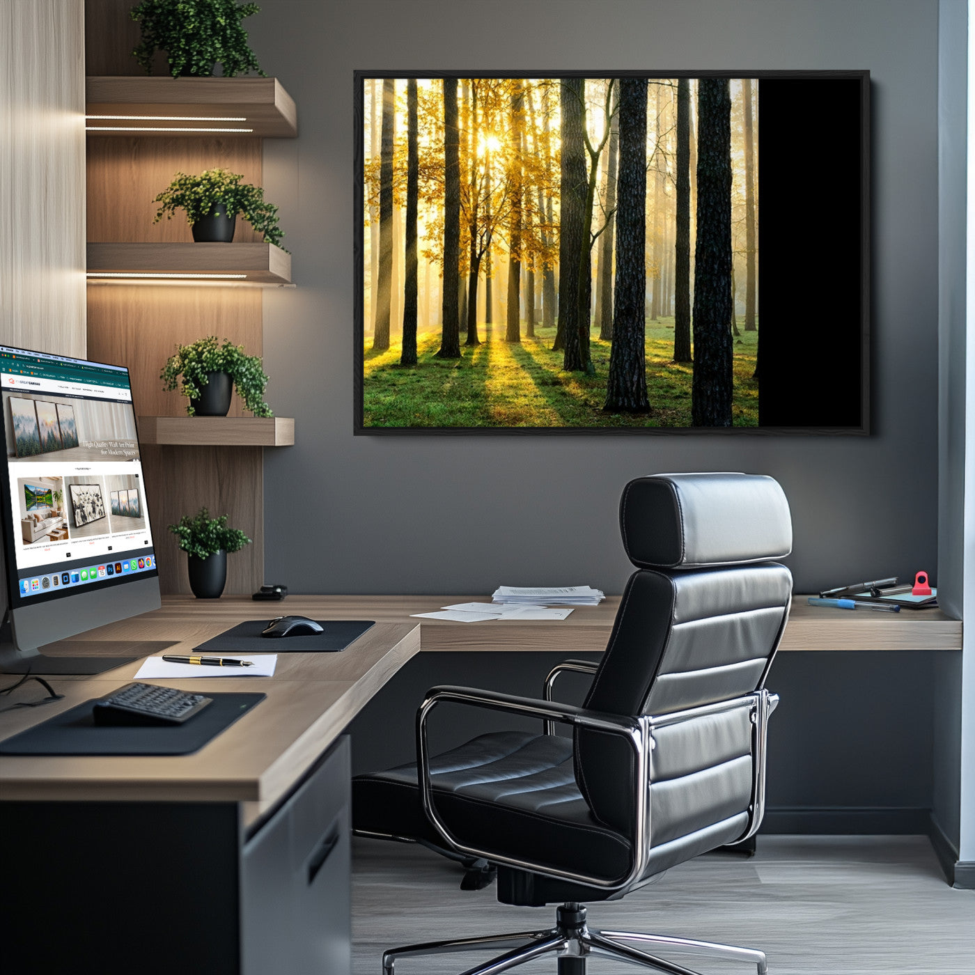 60024-MGV-CV-36X24-Sunlit Forest Wall Art Canvas Print - Large Framed Woodland Wall Art for Home or Office Decor, Rustic Nature Scene with Golden Light