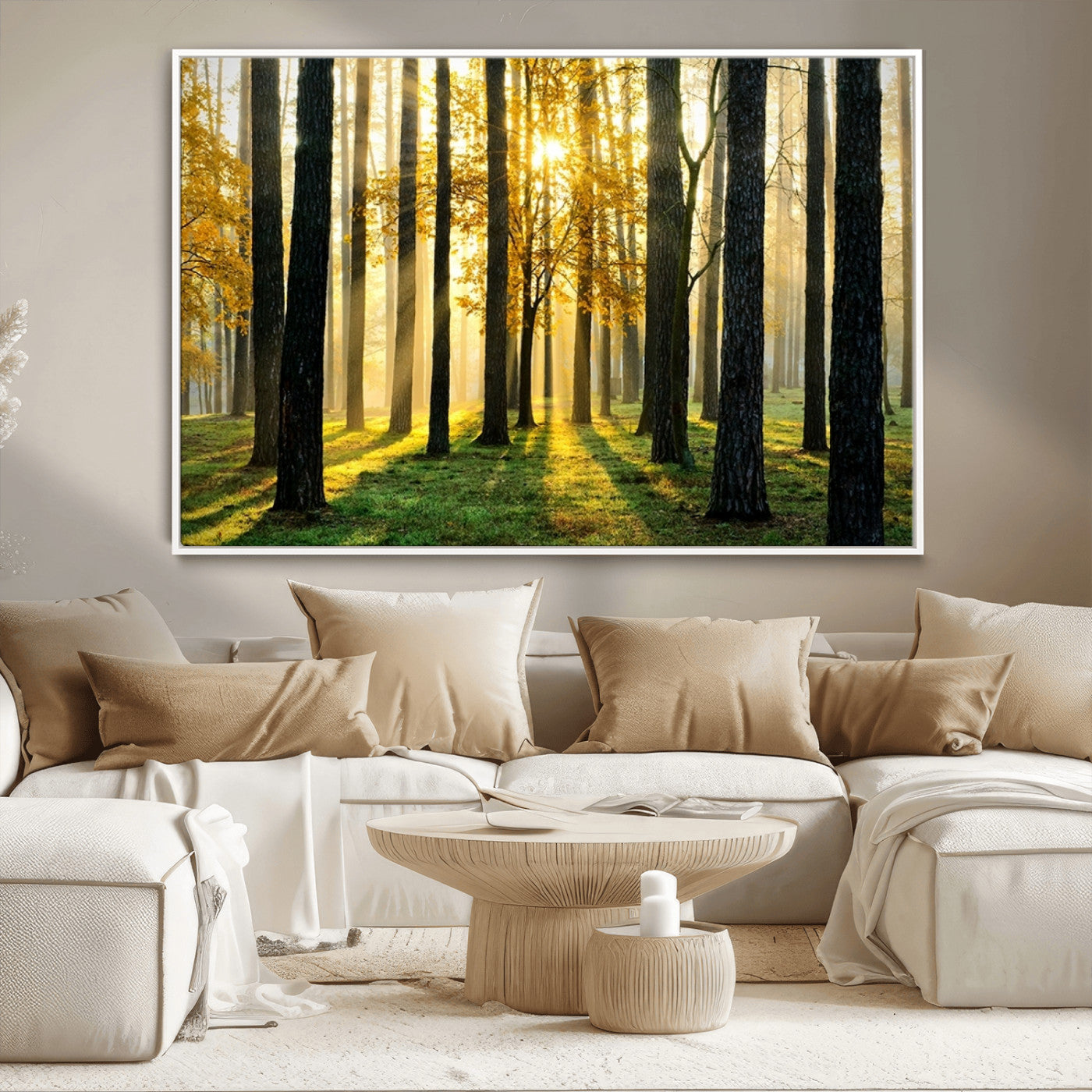 MGV-FC-36X24 - Sunlit Forest Canvas Wall Art – Serene Woodland Triptych Landscape Print – Nature-Inspired Decor for