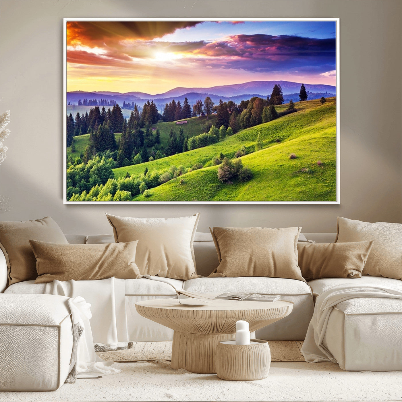 MGV-FC-36X24 - Green Hills and Sunset Wall Art Print - Scenic Landscape with Lush Greenery and Vibrant Sky, Ready