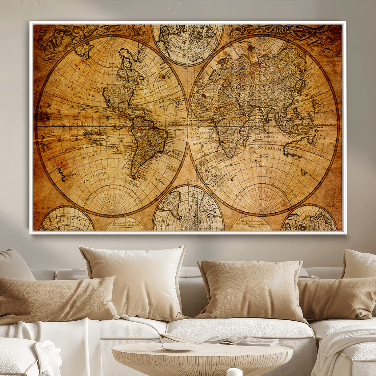 25517-MGV-FC-36X24 - Vintage World Map Canvas Print – Antique Push Pin Travel Map, Framed Wall Art for Home or Office Decor