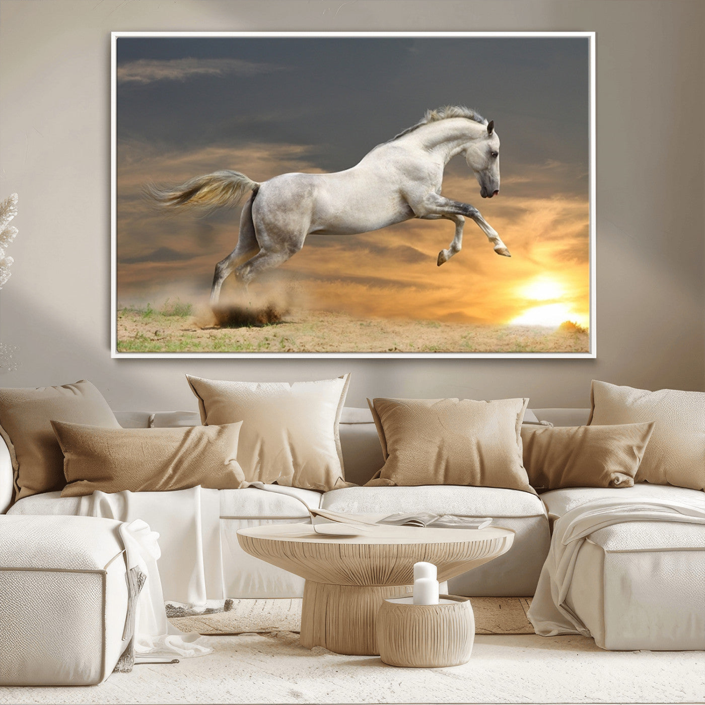 MGV-FC-36X24 - Large Wall Art Animal Canvas Print - White Jumping Horse at Sunset