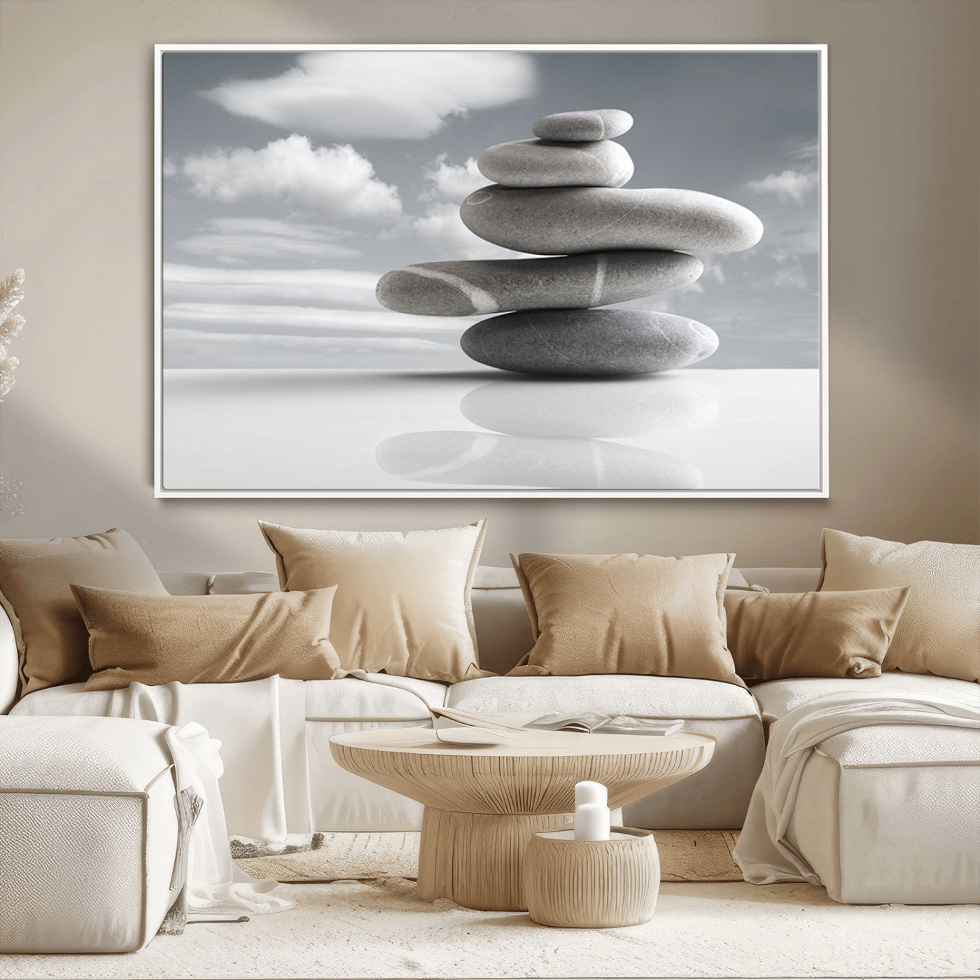MGV-FC-36X24 - Still Life Black and White Zen Stones Wall Art Canvas, Framed Black and White Zen Stones Canvas