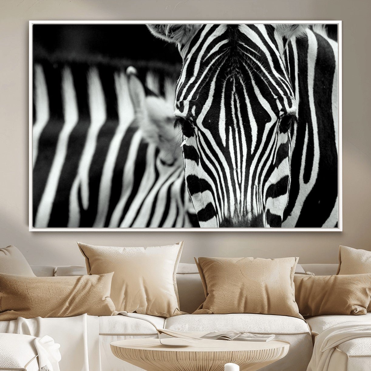 MGV-FC-36X24 - Zebra Wall Art – Close Up Black and White Animal Print, Bold Safari Decor for Living Room, Office, or Bedroom