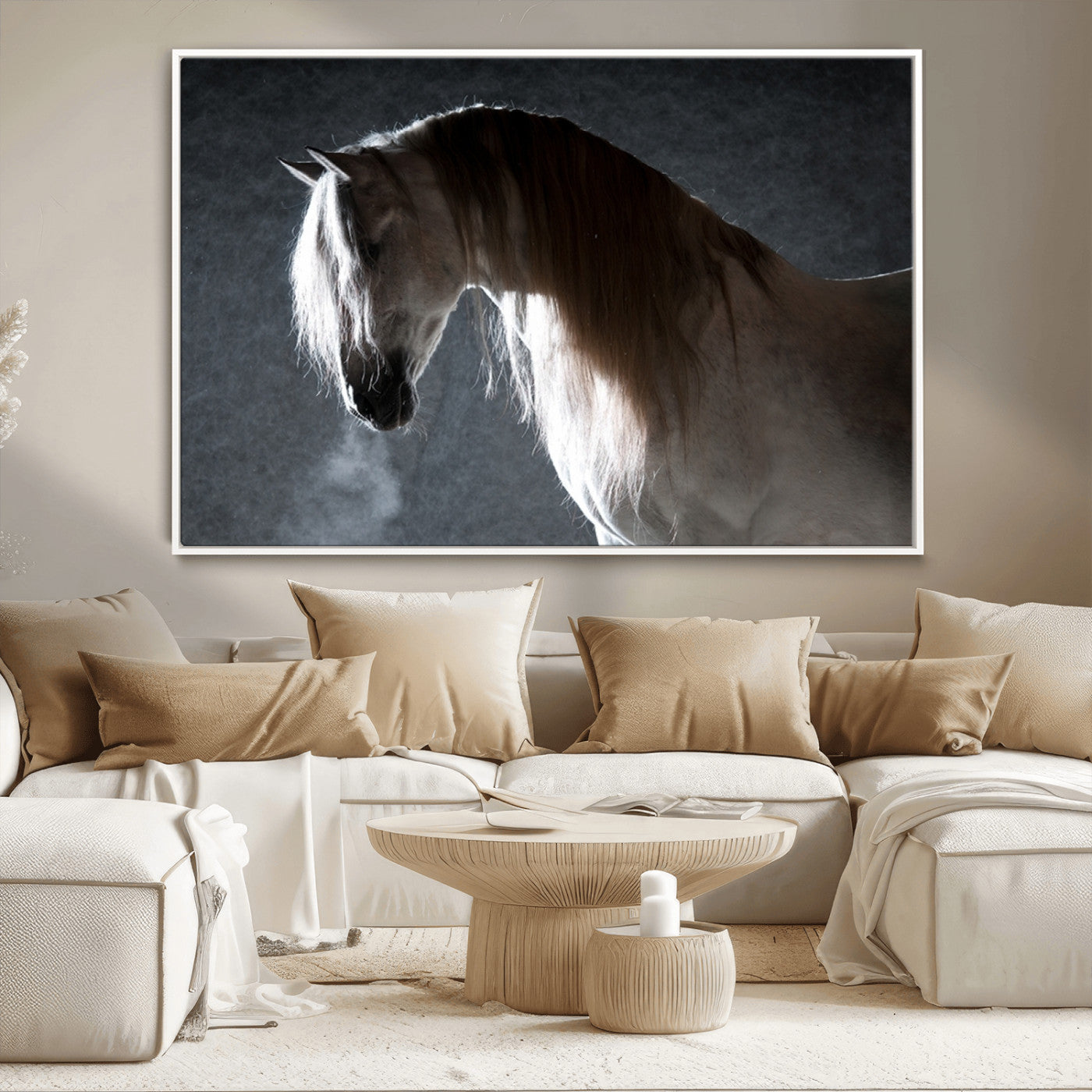 MGV-FC-36X24 - Large Wall Art Cream Colored Horse on Grey Background Canvas Print