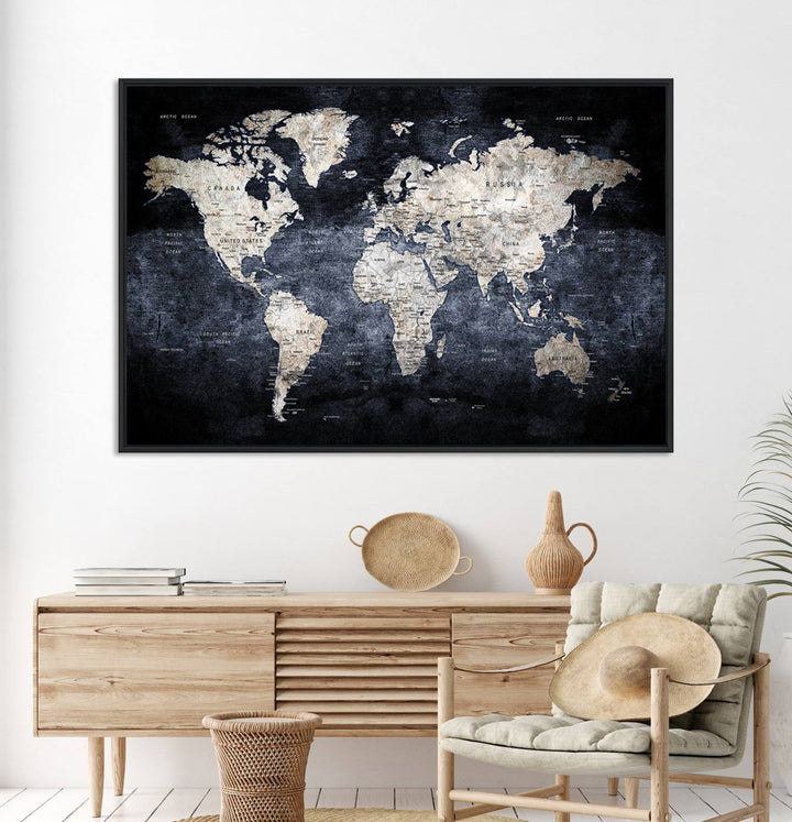 Rustic Black and Bronze World Map Canvas Triptych features white continents on a grunge-stained background.