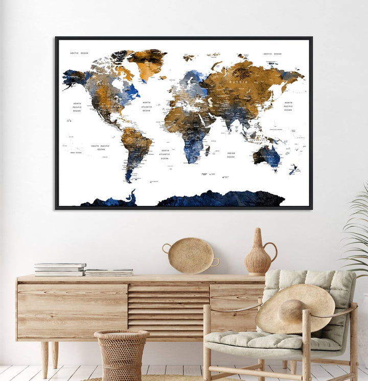 The Watercolor World Map Canvas showcases a grunge-stained background in gold, gray, and blue hues.