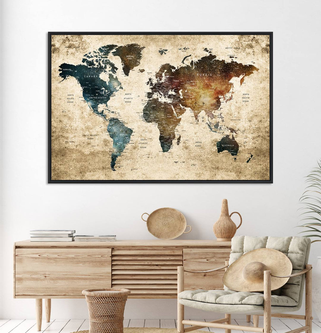 Grunge World Map Canvas featuring earth-toned continents, suitable for study, office, or living room.