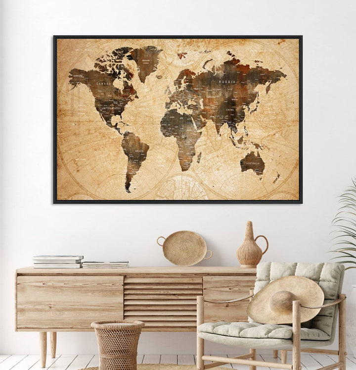Vintage World Map Wall Art | 3 Panel Large Canvas Art | Antique World Map Canvas Print | Rustic Map Wall Art, Framed Gallery Wrapped
