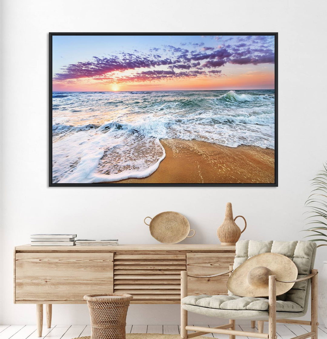 The Coastal Sunset Art Canvas Print features ocean waves beneath a vibrant sky in a stunning 3-panel seascape.