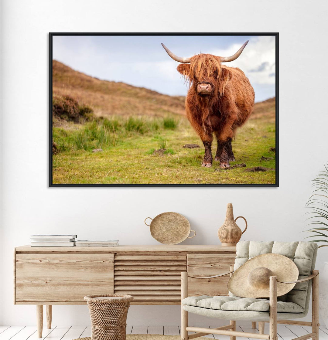 A Highland Cow Animal Canvas Wall Art hangs on the wall, adding warmth to the room.