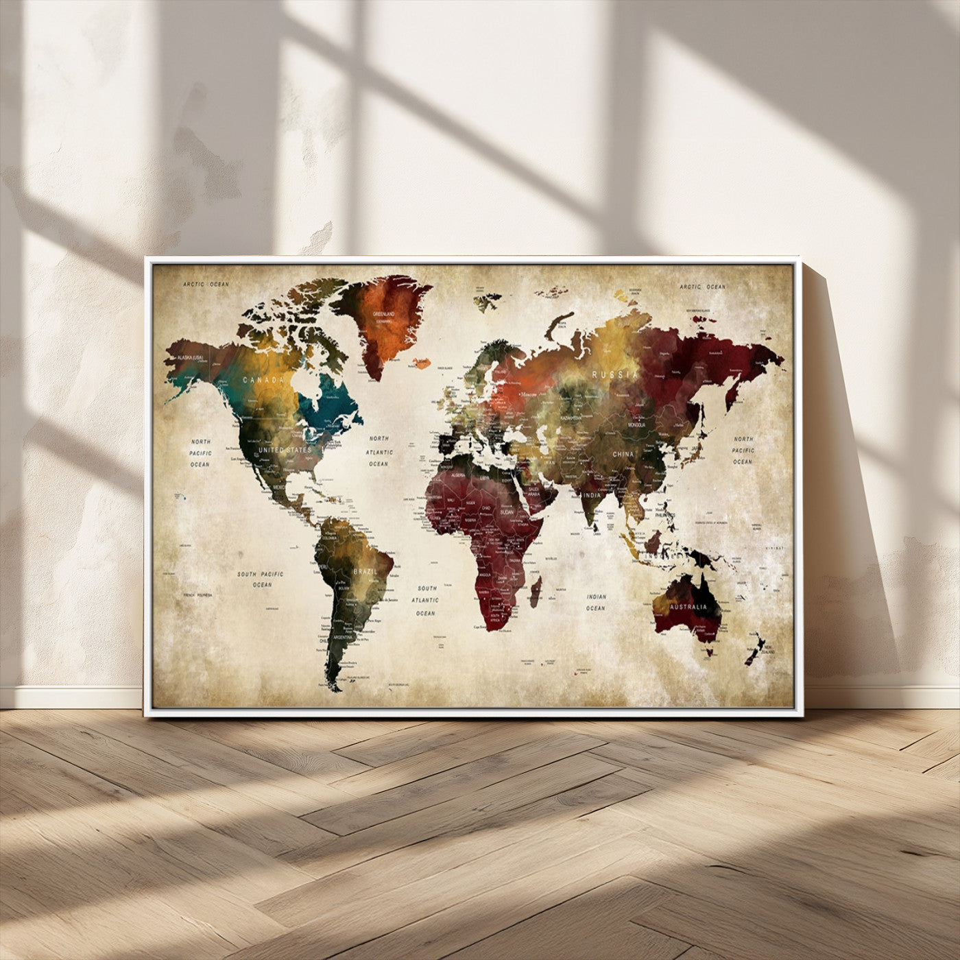 MGV-FC-36X24 - Large World Map Wall Art Canvas Print, Framed Push Pin Map Art Picture Print, Abstract Traveller Map Perfect Modern Decor Artwork