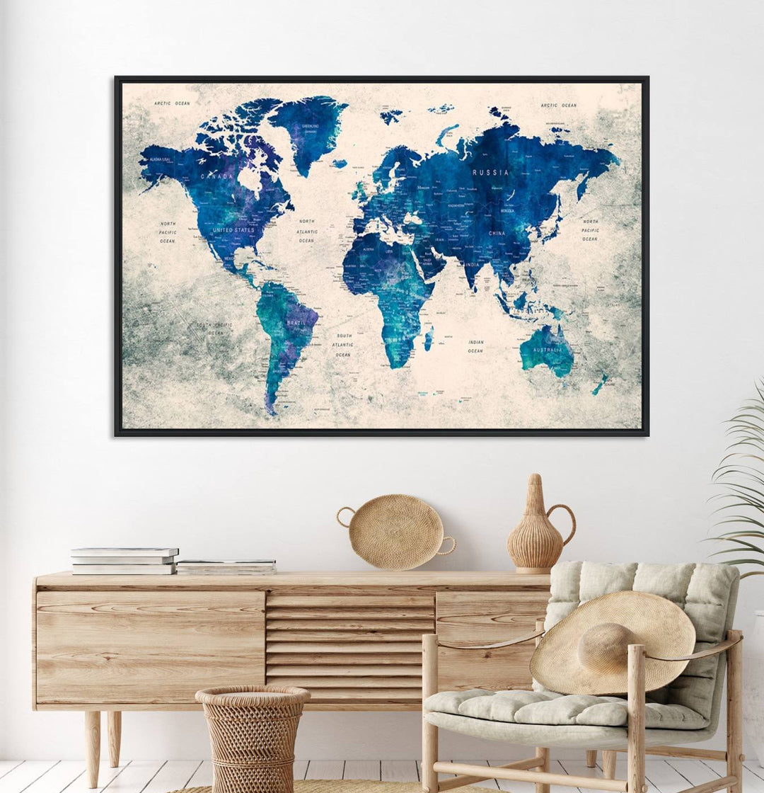 Navy Blue Push Pin World Map Canvas Print featuring a grunge-stained background, with labeled countries and oceans.